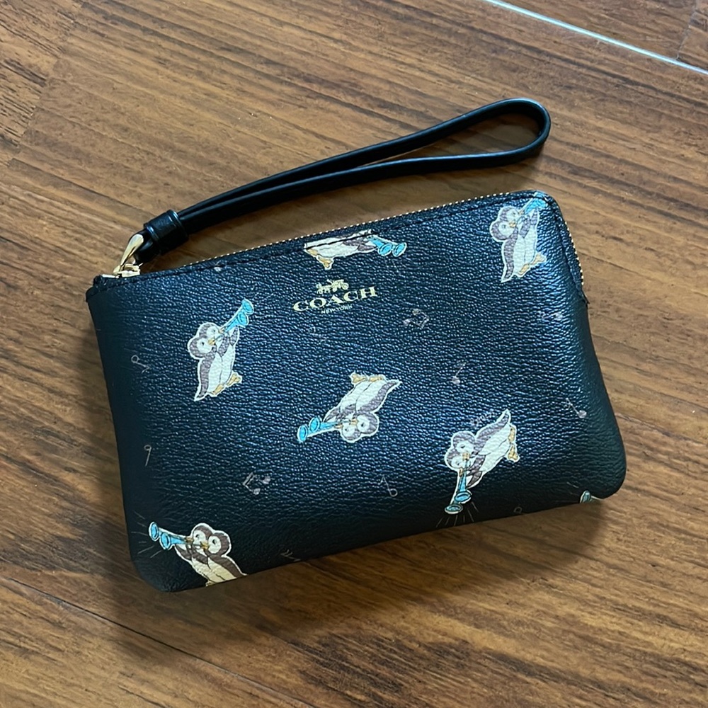 Coach Black Wristlet with Whimsical Multi-Color Print
